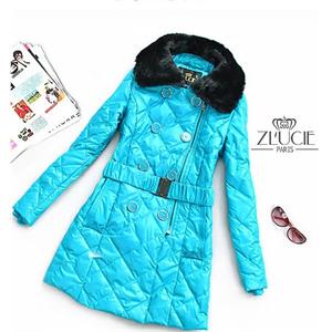 法国ZLUCIE~OL修身网纹可脱毛领双排扣连帽羽绒服--2色