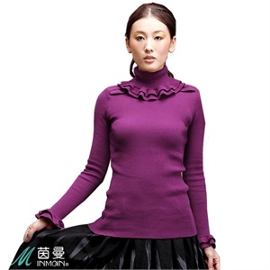 INMAN茵曼女装 套头 高领 荷叶边 弹力 修身 紧身毛衣 SW8216