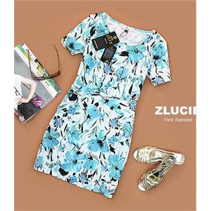 2色~~ZLUCIE品牌~~ZLXY-035 古典中国粉彩花全棉印画连衣裙