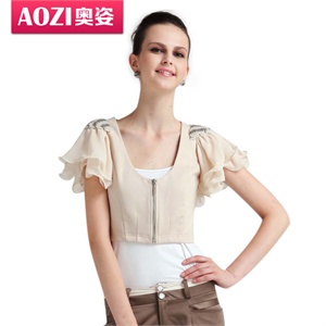Aozi奥姿 2012欧美高腰圆领纯色荷叶短袖短春装外套HC0045