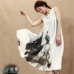 孕妇装 茵曼夏装 大码水墨印花宽松纯棉连衣裙822103302