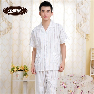 金丰田夏男士时尚家居服 梭织纯棉条纹短袖睡衣套装1249