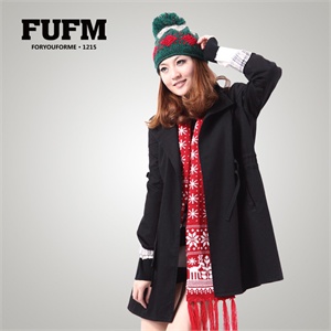 FUFM 新款 女士经典黑色收腰系带修身风衣W10USC050