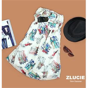 2色~~ZLUCIE品牌~ZLXY-031时装女郎印画荷叶边松紧雪纺抹胸连衣裙