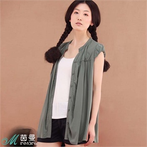 茵曼女装 前开襟皱褶短袖衬衫822013313