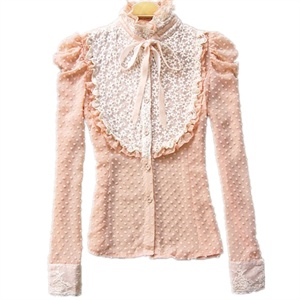 露西法兰 2012女装春夏装新款立领雪纺暗花镶蕾丝衬衫 BB-6895
