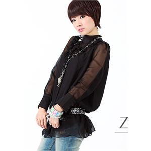 法国ZLUCIE~~ZLQY-045东京风大热款手工蝴蝶花透明袖雪纺上衣