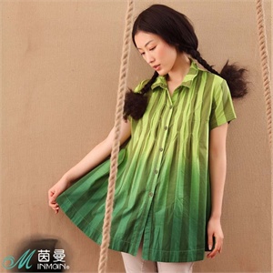 INAMN茵曼 女装 个性条纹纯棉淑女中长款短袖衬衫822013340