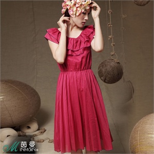 茵曼女装2012夏装新品双层荷叶领纯棉连衣裙OP50056