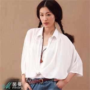 INMAN茵曼 女装 翻领橡筋缩褶蝙蝠袖雪纺女衬衫922042518