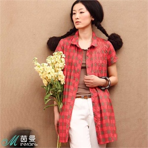 INMAN茵曼女装前幅绣花短袖格子纯棉女衬衫822013336