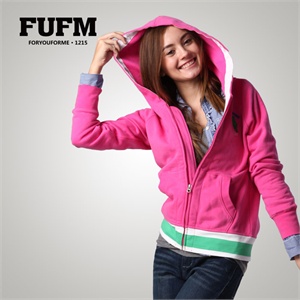 FUFM 新品春装 女士纯棉拉锁连帽开衫 卫衣 女外套W11WSW993