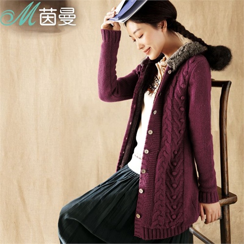 茵曼 冬织花毛领连帽<em>加绒毛衣外套</em>【8341310