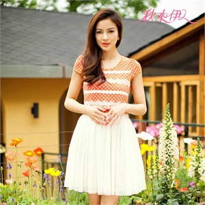 秋水伊人2012夏装新款圆点印花雪纺拼接网纱连裙622202060