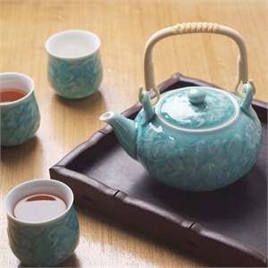 【思喜】景德镇陶瓷 茶具套装 雕刻玻璃釉 竹把提梁壶 CJ-D021