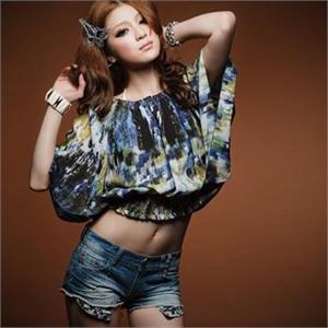 CL 韩版水墨彩绘缤纷色彩率性蝴蝶袖中袖T恤