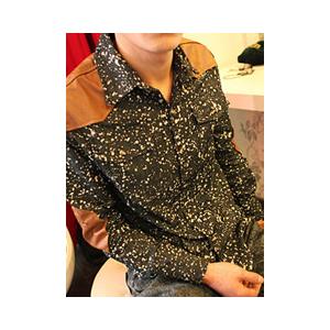 哲林homme镶皮雪花点点韩版牛仔衬衣1518C01