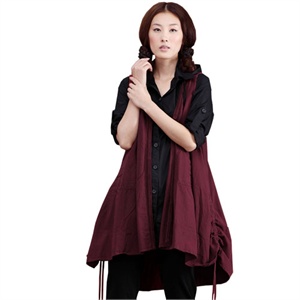 INMAN茵曼女装 大码 宽松 麻棉 抽褶 V领 开衫 马甲/马夹 V6009