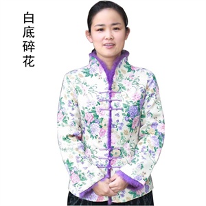 妍姝阁 中老年女装 大码妈妈装 时尚印花新款毛边领长袖 棉上衣