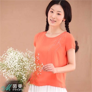 茵曼女装 手工刺绣前短后长下摆女衬衫822013456