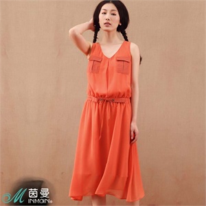 INMAN茵曼 女装 风情V领橡筋腰部带雪纺连衣裙922103519