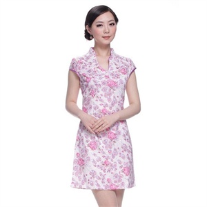 旗袍货到付款 红苹果 新款夏装 时尚V领印花短袖花旗袍 aitX8042