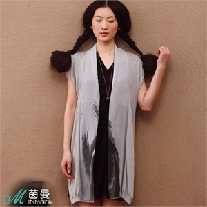 茵曼女装2012夏装新款雪纺印花拼接不规则下摆女外套821131245