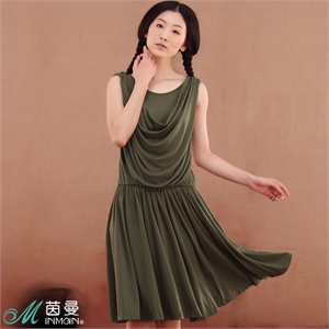 茵曼2012夏装新款圆领腰部皱褶无袖连衣裙Y822102567