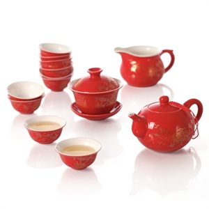 【思喜】功夫茶具套装 景德镇陶瓷 中国红婚庆 花开富贵 CJ-D052