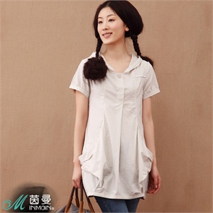 茵曼女装2012夏装新款个性剪裁收褶纽扣口袋纯棉女衬衫822013288