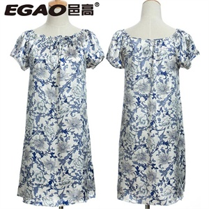 邑高EGAO正品100%真丝青花瓷睡衣 睡裙家居服 短袖 公主裙 EG1889