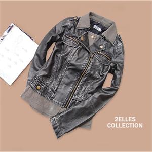 2ELLES品牌~双层领斜拉链气质款皮衣