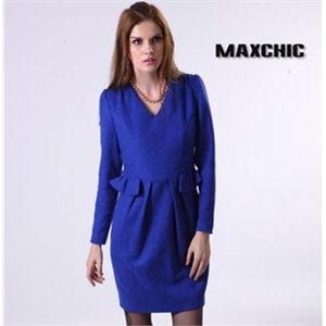 【品牌直供】Maxchic品牌奢华优雅系列V领长袖毛料连衣裙DDQ43230S1