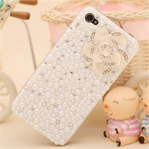 【包邮】新品 珍珠山茶花 iphone 4 水钻 外壳 保护壳 钻壳