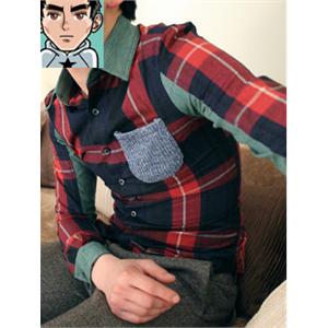 哲林homme时尚毛线蓝口袋 撞色领格纹长袖衬衫 1516A004