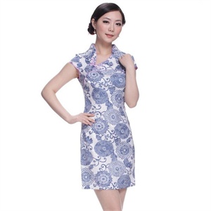 旗袍货到付款 红苹果 新款夏装 时尚斜V领短袖青花旗袍 aitX8030