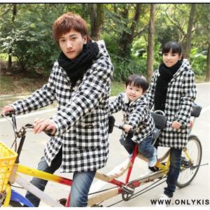 onlykiss 优雅格子带帽长款棉服亲子装情侣装外套OKD963 黑色