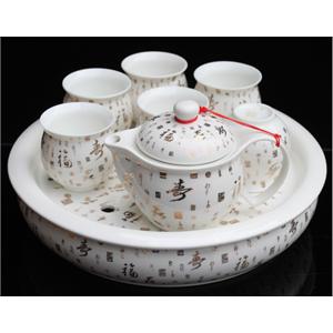 高档金边景德镇陶瓷茶具 福寿禄 8头双层防烫茶具