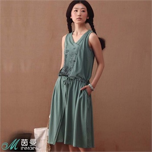 茵曼女装2012夏装新款抽绳收腰活动拼接棉质印花连衣裙822103446