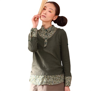 INMAN茵曼女装 翻领 假两件 碎花 拼接 纯棉 长袖衬衫 821021053