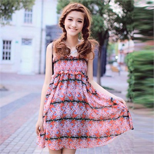 yoomito夏装女装条纹层次碎花吊带裙连衣裙子9734