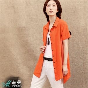 孕妇装 茵曼夏装新款大码女装棉麻宽松纯色短袖衬衫822012492