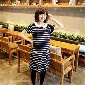 星崎舞2012夏装女装韩版时尚纯棉日系条纹短袖娃娃领连衣裙WM8178