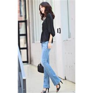 依山傍水 女装时尚印花修身微喇牛仔长裤KW021