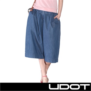 【UDOT右道】夏季新款水洗经典蓝七分高腰阔脚女牛仔裙裤U121