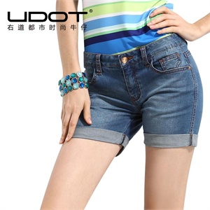 【UDOT右道】春季新品 翻边设计百搭经典蓝中腰短裤女牛仔裤U488