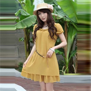 薇茹 2012夏季雪纺裙玫瑰花圆领宽松腰女装连衣裙 配腰带WRNY660