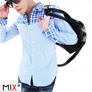 【品牌直供】MIX2011 秋季新款格纹拼接全棉修身长袖衬衫 L13C09D1