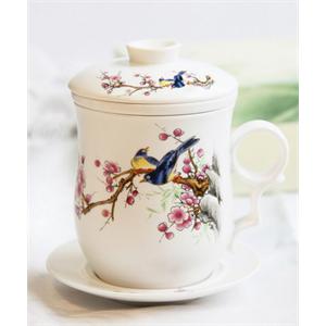 长物志 喜鹊梅花 亚光骨瓷4入马克杯（1盖1滤1杯1盏）