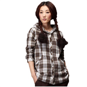 INMAN茵曼女装 大码 宽松 罗纹拼接 加厚 夹棉 格子 衬衫 B10169